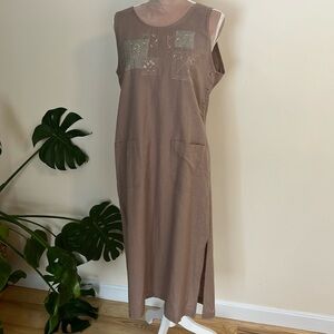 Tan cotton and linen embroidered dress with pockets